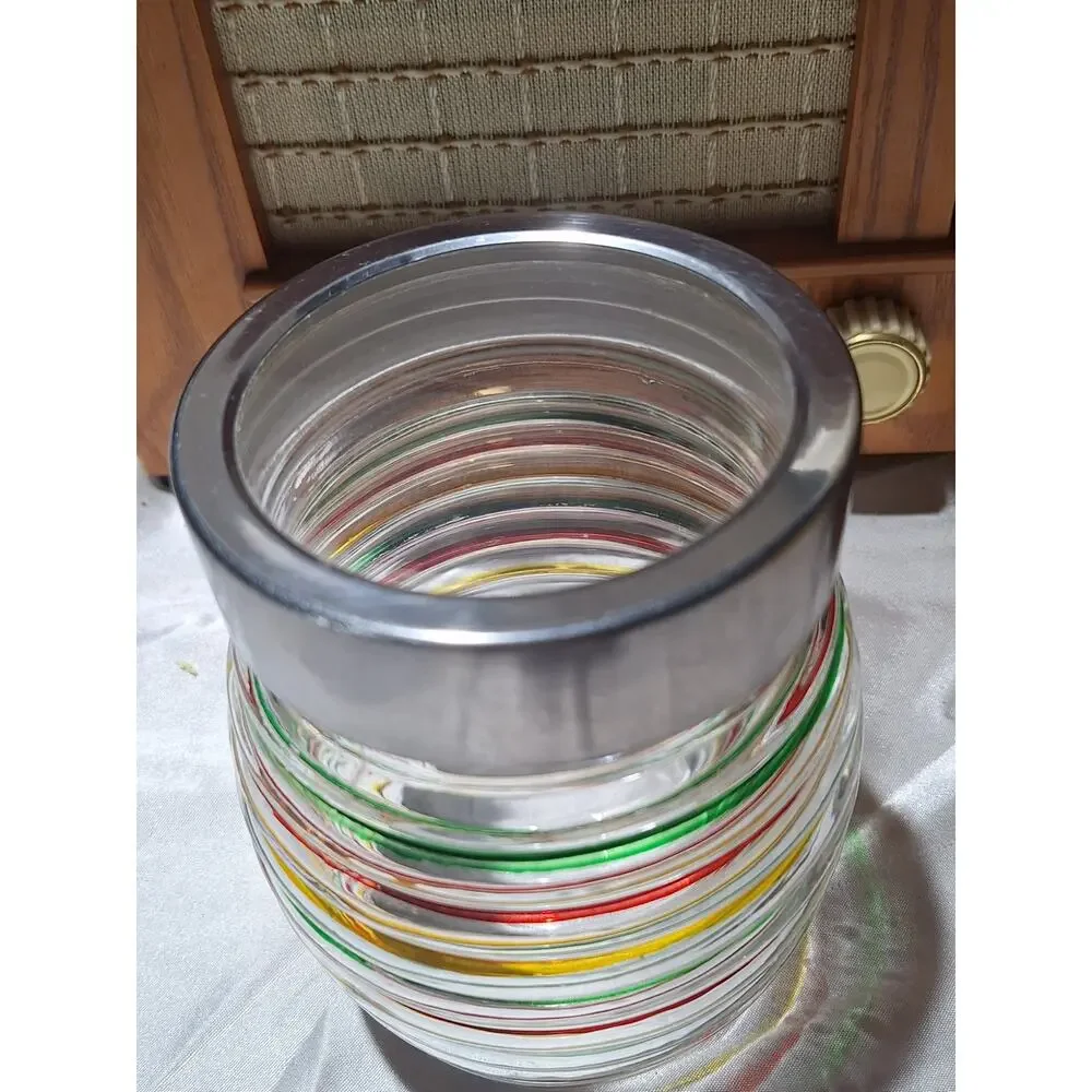 Vintage Ribbed Glass Canister Jar Multicolor Stripes Metal Screw Lid Kitchen